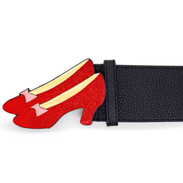 Buckle Down The Wizard Of Oz Dorothy's Ruby Red Glitter Slippers Enamel Cast Buckle - Black PU Strap Belt