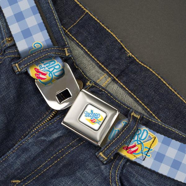 Buckle Down THE WIZARD OF OZ Logo Full Color White Seatbelt Belt - THE WIZARD OF OZ Logo Gingham Checker Blues Webbing