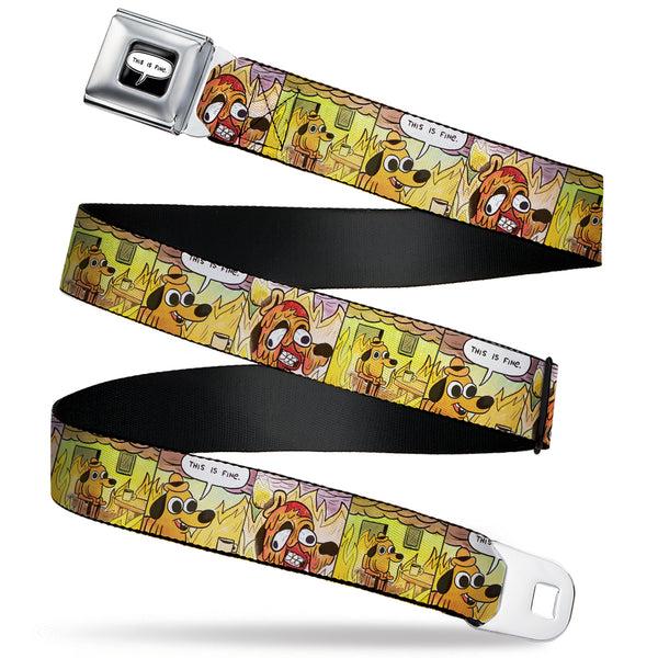 buckle down THIS IS FINE Quote Bubble Full Color Black/White Seatbelt Belt - THIS IS FINE Question Hound Cafe Fire Comic Strip Blocks Webbing