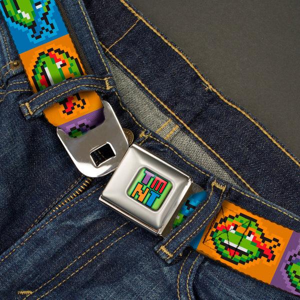 Buckle Down TMNT 8-Bit Full Color Greens/Multi Color Seatbelt Belt - Classic Teenage Mutant Ninja Turtles 8-Bit Face Blocks Multi Color Webbing