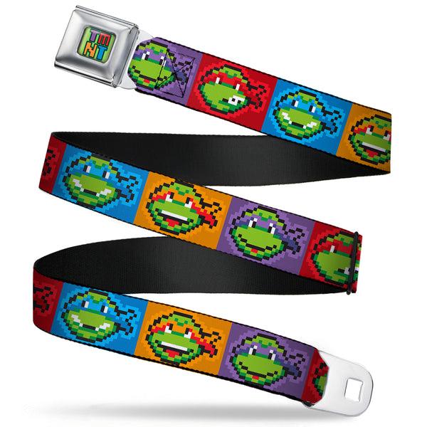 Buckle Down TMNT 8-Bit Full Color Greens/Multi Color Seatbelt Belt - Classic Teenage Mutant Ninja Turtles 8-Bit Face Blocks Multi Color Webbing