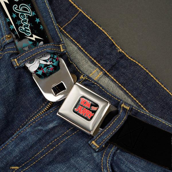 Buckle Down Tom And Jerry Logo Full Color Black Red Seatbelt Belt - TOM & JERRY Face & Pose Sketch Black/White/Red/Blue Webbing