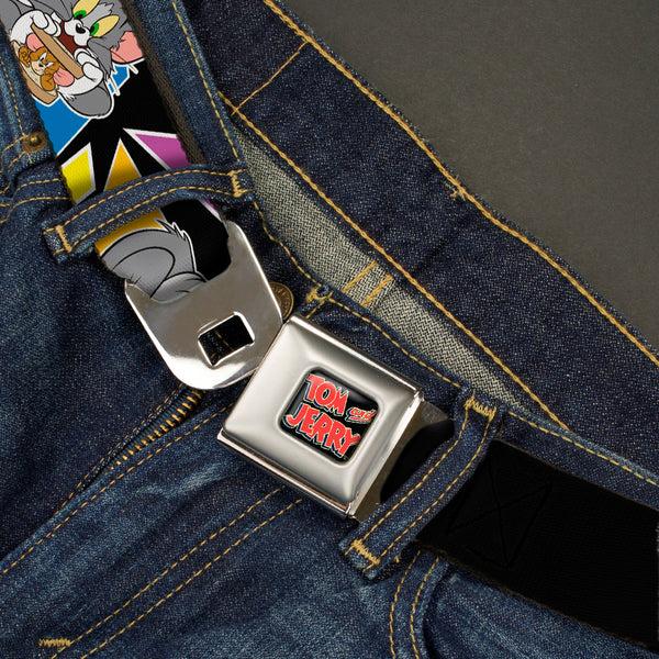 Buckle Down Tom And Jerry Logo Full Color Black Red Seatbelt Belt - TOM & JERRY Poses Black/Multi Color Webbing