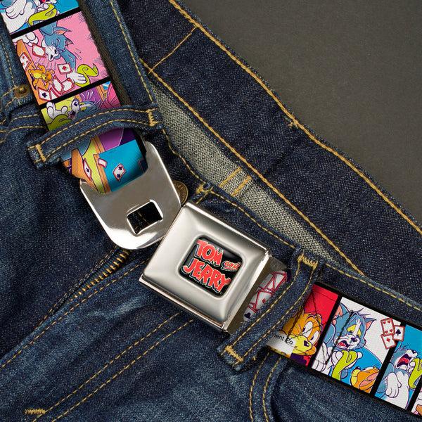 Buckle Down Tom And Jerry Logo Full Color Black/Red Seatbelt Belt - TOM & JERRY House Of Cards Panels Webbing