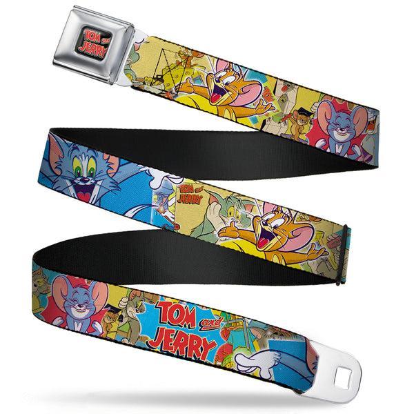 buckle down Tom and Jerry Logo Full Color Black Red Seatbelt Belt - TOM & JERRY Faces/Stacked Scene Panels Webbing
