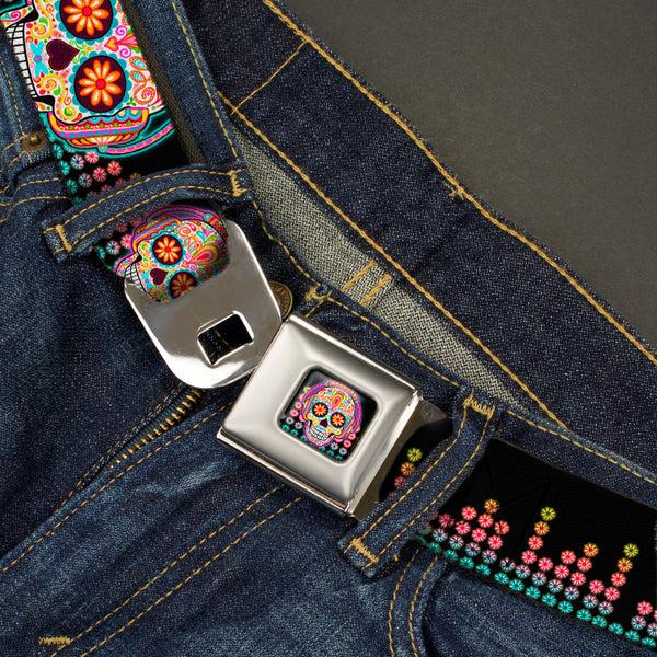 Buckle Down Tranquility Beats Calavera/Floral Equalizer Full Color Black/Multi Color Seatbelt Belt - Tranquility Beats Calaveras/Floral Equalizer Black/Multi Color Webbing