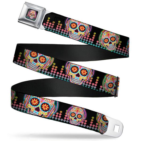 Buckle Down Tranquility Beats Calavera/Floral Equalizer Full Color Black/Multi Color Seatbelt Belt - Tranquility Beats Calaveras/Floral Equalizer Black/Multi Color Webbing