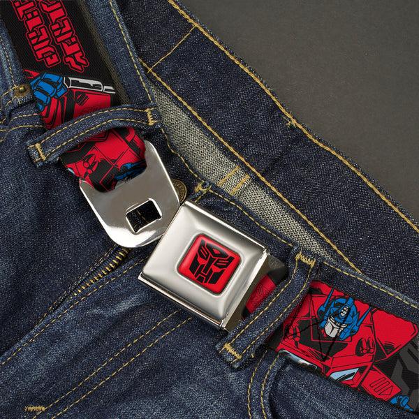 Buckle Down Transformers Autobots Icon Full Color Red/Black Seatbelt Belt - Transformers Generations Optimus Prime Pose And Autobot Icon Black/Gray/Red Webbing