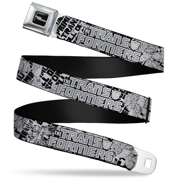 buckle down TRANSFORMERS Title Logo Full Color Black/Grays Seatbelt Belt - THE TRANSFORMERS Robots and Text Collage White/Black/Gray Webbing