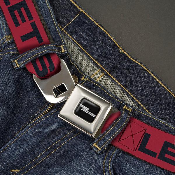 Buckle Down TRANSFORMERS Title Logo Full Color Black/Grays Seatbelt Belt - TRANSFORMERS Optimus Prime And Bumblebee LET'S ROLL Pose Red/Black Webbing