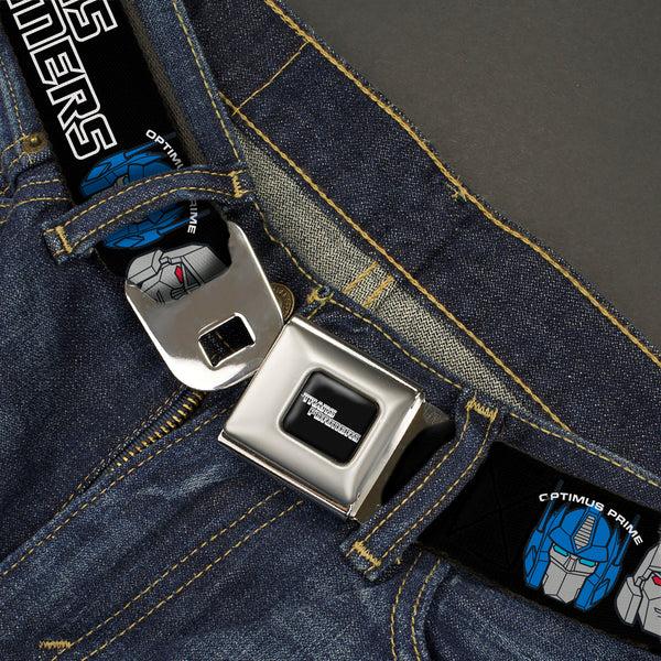 Buckle Down TRANSFORMERS Title Logo Full Color Black/Grays Seatbelt Belt - TRANSFORMERS MORE THAN MEETS THE EYE Character Trio Black/White Webbing