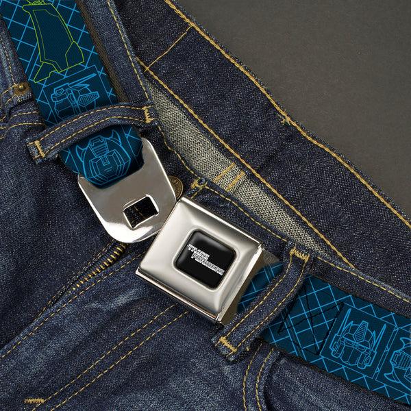 Buckle Down TRANSFORMERS Title Logo Full Color Black/Grays Seatbelt Belt - Transformers Character Trio Text And Faces Blues/Yellows Webbing