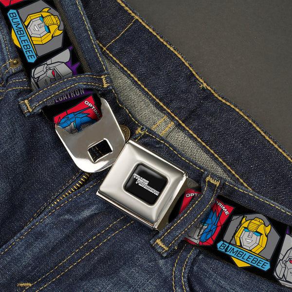 Buckle Down TRANSFORMERS Title Logo Full Color Black/Grays Seatbelt Belt - Transformers Character Trio Face And Name Icons Black/Multi Color Webbing