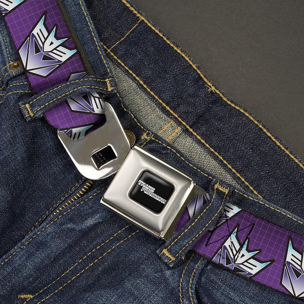 Buckle Down TRANSFORMERS Title Logo Full Color Black/White Seatbelt Belt - Transformers Decepticons Icon Scattered Grids Purples Webbing