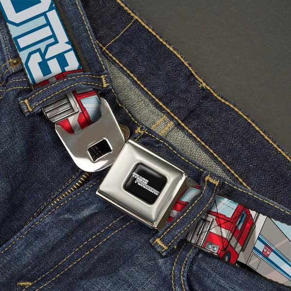 Buckle Down TRANSFORMERS Title Logo Full Color Black/White Seatbelt Belt - Transformers AUTOBOTS Optimus Prime Semi Truck Collage Light Blue Webbing