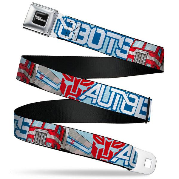 buckle down TRANSFORMERS Title Logo Full Color Black/White Seatbelt Belt - Transformers AUTOBOTS Optimus Prime Semi Truck Collage Light Blue Webbing