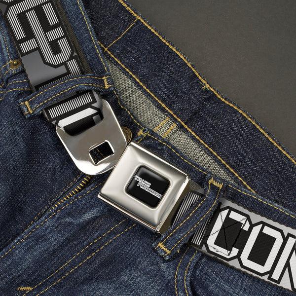 Buckle Down TRANSFORMERS Title Logo Full Color Black/White Seatbelt Belt - Transformers AUTOBOTS DECEPTICONS Shield And Text Grays/Black/White Webbing