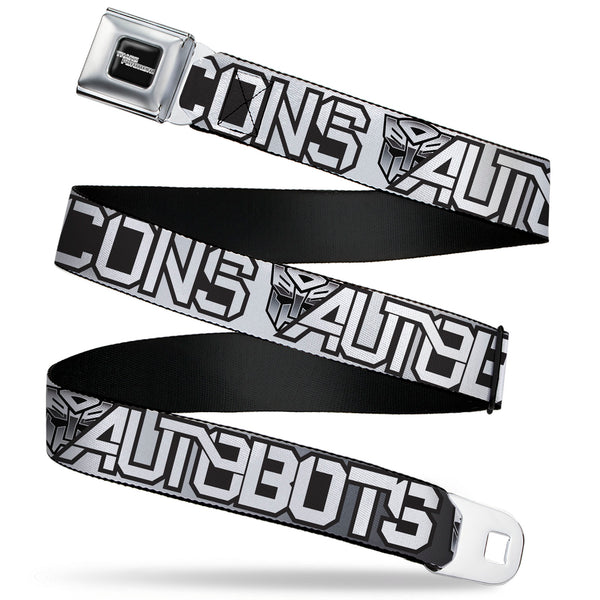 buckle down TRANSFORMERS Title Logo Full Color Black/White Seatbelt Belt - Transformers AUTOBOTS DECEPTICONS Shield and Text Grays/Black/White Webbing