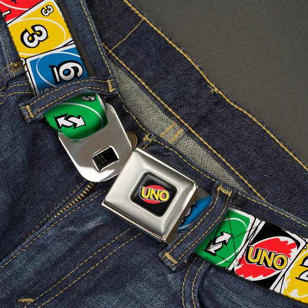 Buckle Down UNO Game Logo Full Color Black/Red/Yellow Seatbelt Belt - UNO Cards Lineup Stack Multi Color Webbing