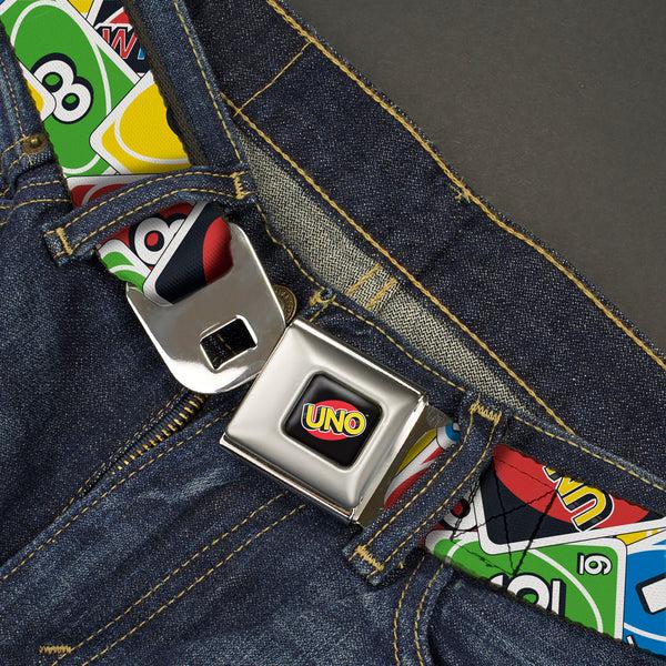Buckle Down UNO Game Logo Full Color Black/Red/Yellow Seatbelt Belt - UNO Cards Stacked Collage Multi Color Webbing