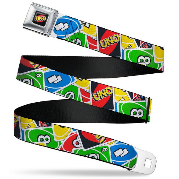 buckle down UNO Game Logo Full Color Black/Red/Yellow Seatbelt Belt - UNO Cards Stacked Collage Multi Color Webbing