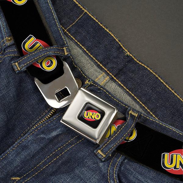 Buckle Down UNO Game Logo Full Color Black/Red/Yellow Seatbelt Belt - UNO Game Logo Black/Red/Yellow Webbing