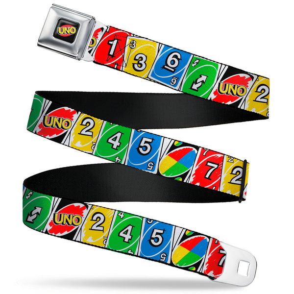 buckle down UNO Game Logo Full Color Black/Red/Yellow Seatbelt Belt - UNO Cards Lineup Stack Multi Color Webbing