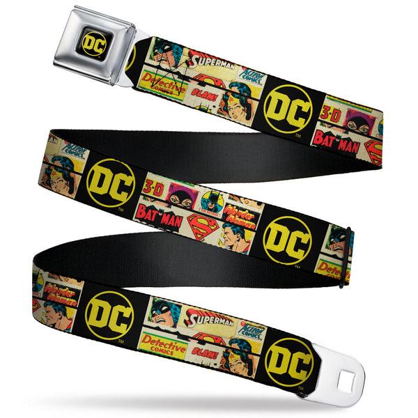 buckle down Vintage DC Comics Logo Full Color Black/Yellow Seatbelt Belt - Vintage DC Comics Superhero and Logos Collage Black Webbing