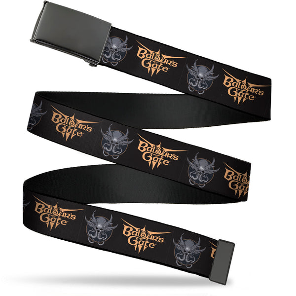 buckle down Web Belt Blank Black Buckle - BALDUR'S GATE III Title Logo and Mind Flayer Icon Black/Grays/Tan Webbing buckle down Web Belt Blank Black Buckle - BALDUR'S GATE III Title Logo and Mind Flayer Icon Black/Grays/Tan Webbing