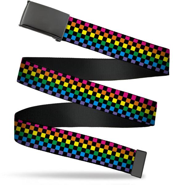 buckle down Web Belt Blank Black Buckle - Checker Black/Neon Rainbow Webbing
