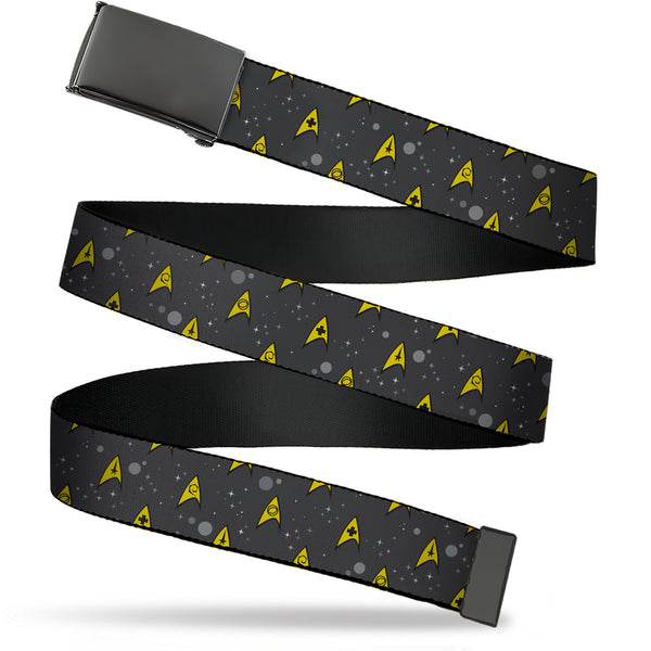 buckle down Web Belt Blank Black Buckle - Classic Star Trek Starfleet Insignias in Space Gray/Yellow Webbing