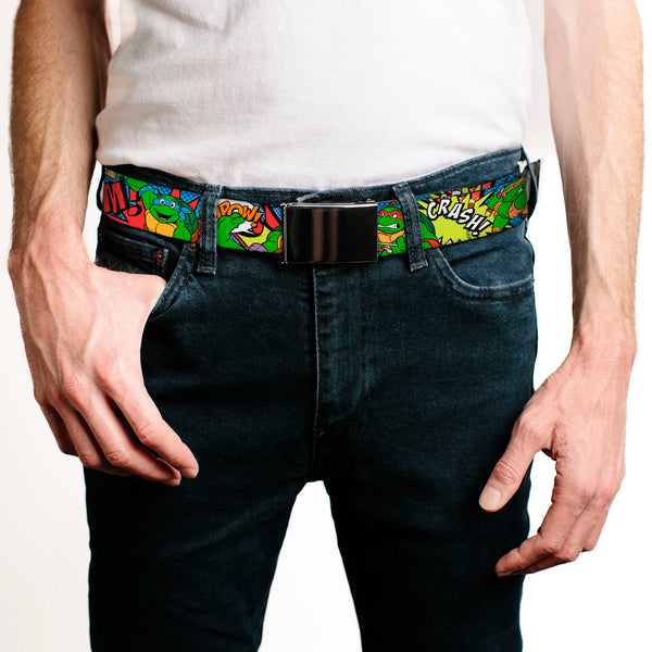 Buckle Down Web Belt Blank Black Buckle - Classic Teenage Mutant Ninja Turtles Action Poses/Action Bubbles Dots Blues Webbing