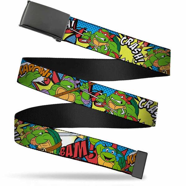 buckle down Web Belt Blank Black Buckle - Classic Teenage Mutant Ninja Turtles Action Poses/Action Bubbles Dots Blues Webbing