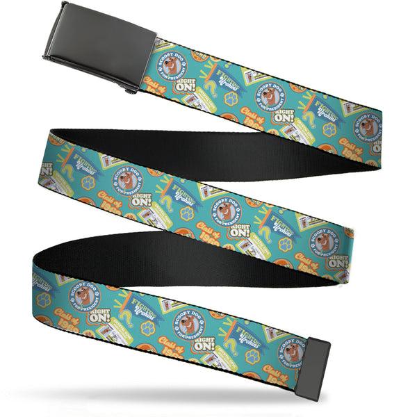 buckle down Web Belt Blank Black Buckle - Scooby Doo School Spirit Icons Collage Blue Webbing