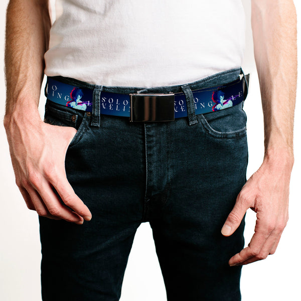 Buckle Down Web Belt Blank Black Buckle - SOLO LEVELING Sung Jinwoo Dagger Pose And Title Logo Blues Webbing