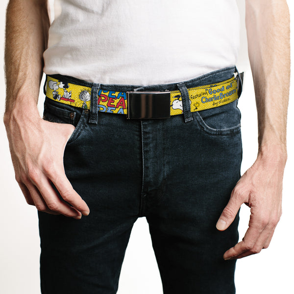 Buckle Down Web Belt Blank Chrome Buckle - PEANUTS Gang FEATURING GOOD OL CHARLIE BROWN Character Poses Yellow/Multi Color Webbing