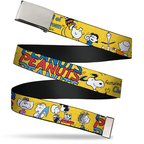 buckle down Web Belt Blank Chrome Buckle - PEANUTS Gang FEATURING GOOD OL CHARLIE BROWN Character Poses Yellow/Multi Color Webbing buckle down Web Belt Blank Chrome Buckle - PEANUTS Gang FEATURING GOOD OL CHARLIE BROWN Character Poses Yellow/Multi Color Webbing