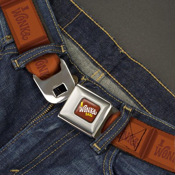 Buckle Down Willy Wonka And The Chocolate Factory WONKA BAR Logo Full Color Brown/Yellow/White Seatbelt Belt - Willy Wonka And The Chocolate Factory WONKA Chocolate Bar Browns Webbing