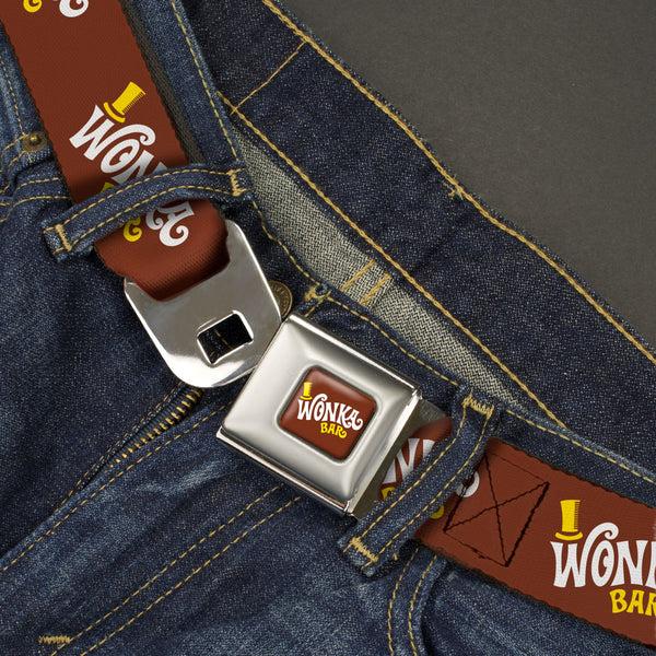 Buckle Down Willy Wonka And The Chocolate Factory WONKA BAR Logo Full Color Brown/Yellow/White Seatbelt Belt - Willy Wonka And The Chocolate Factory WONKA BAR Logo Brown/Yellow/White Webbing