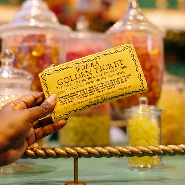 Buckle Down Willy Wonka Wallet Fold Over Snap Pouch Chocolate Factory Golden Ticket Text Yellow Vegan Leather