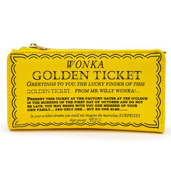 buckle down Willy Wonka Wallet Fold Over Snap Pouch Chocolate Factory Golden Ticket Text Yellow Vegan Leather