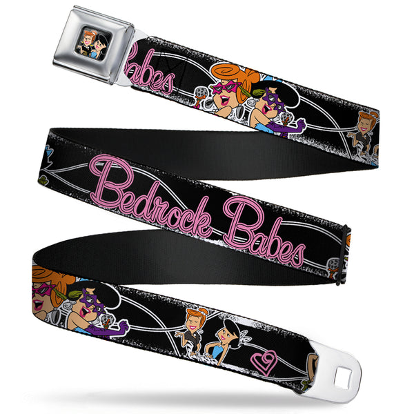 buckle down Wilma & Betty Full Color Black Seatbelt Belt - Wilma & Betty Glam Poses BEDROCK BABES Black/Pink Webbing