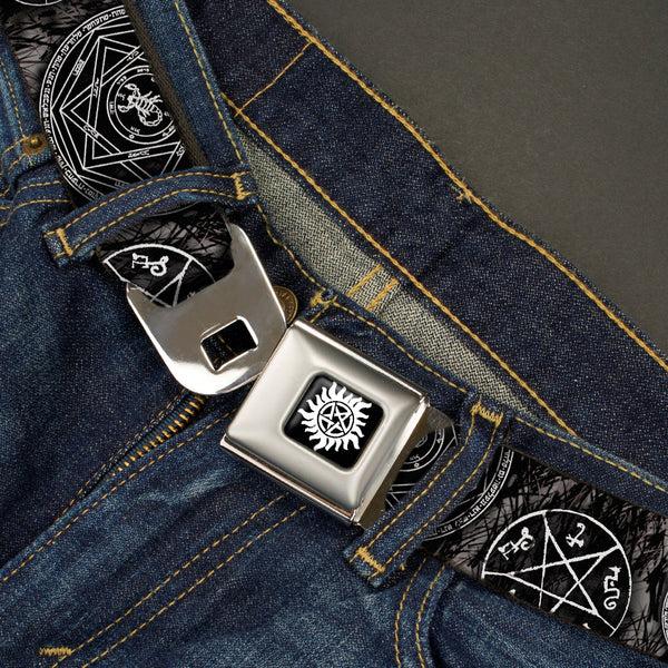 Buckle Down Winchester Logo Full Color Black White Seatbelt Belt - Supernatural Devil's Trap Pentagrams Grays/Black/White Webbing