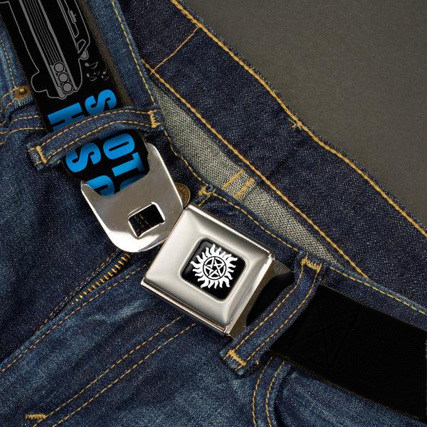 Buckle Down Winchester Logo Full Color Black White Seatbelt Belt - SUPERNATURAL DRIVER PICKS THE MUSIC-SHOTGUN SHUTS HIS CAKEHOLE Black/Gray/Blue Webbing