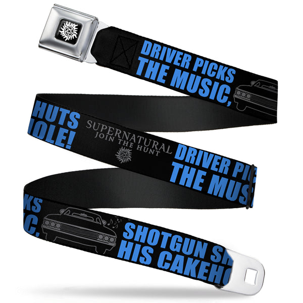 buckle down Winchester Logo Full Color Black White Seatbelt Belt - SUPERNATURAL DRIVER PICKS THE MUSIC-SHOTGUN SHUTS HIS CAKEHOLE Black/Gray/Blue Webbing