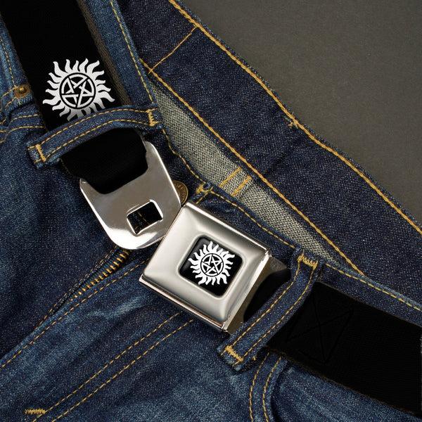 Buckle Down Winchester Logo Full Color Black White Seatbelt Belt - Winchester Pentagram Repeat Black/White Webbing