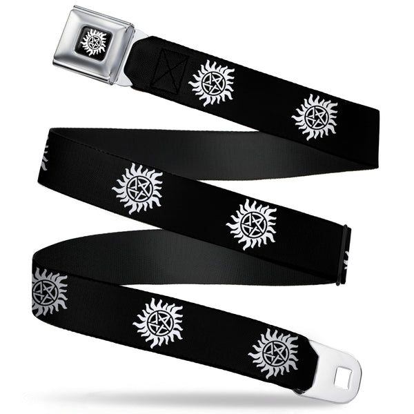 buckle down Winchester Logo Full Color Black White Seatbelt Belt - Winchester Pentagram Repeat Black/White Webbing
