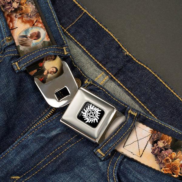 Buckle Down Winchester Logo Full Color Black White Seatbelt Belt - SUPERNATURAL 4-Character Saintly Icons/Skull & Roses Webbing