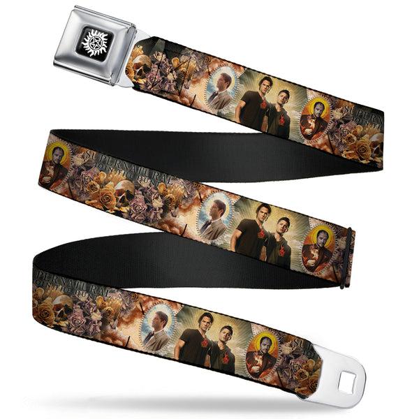 buckle down Winchester Logo Full Color Black White Seatbelt Belt - SUPERNATURAL 4-Character Saintly Icons/Skull & Roses Webbing