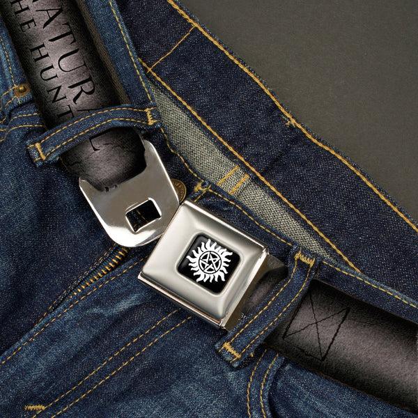 Buckle Down Winchester Logo Full Color Black White Seatbelt Belt - SUPERNATURAL-JOIN THE HUNT/Winchester Pentagram Grays/Black Webbing